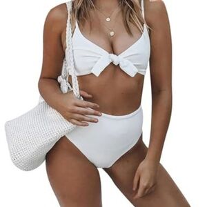 Chic White High-Waisted Bikini with Textured Detail
